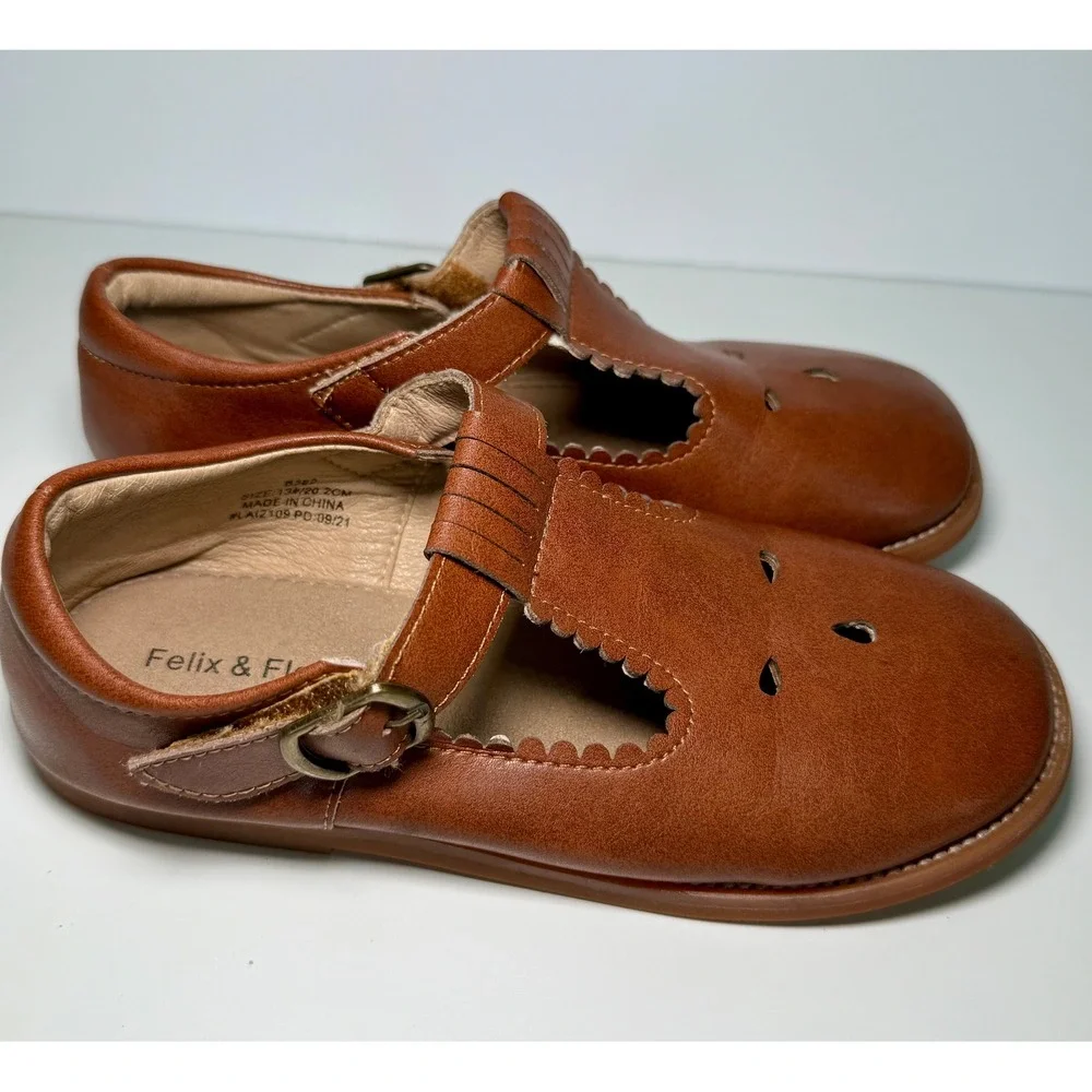 Felix & Flora Brown Leather Mary Jane T Strap‎ Shoes Kids Size 13 Toddler Buckle
